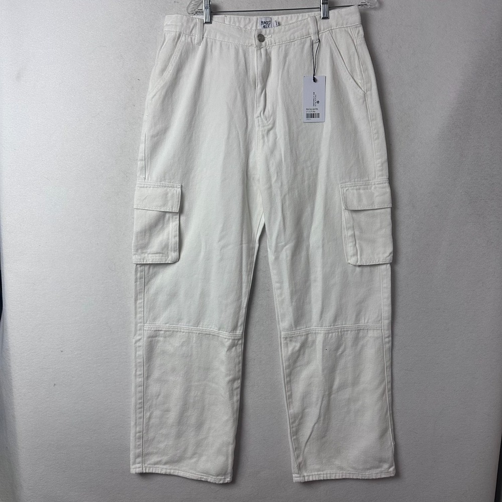 Princess Polly Millard Cargo Jeans White High Rise Straight Leg Denim Size US 12